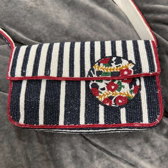 Anthropologie Fiona Icon Edition Beaded Shoulder bag NWT Floral Stripe Baseball - Picture 2 of 11